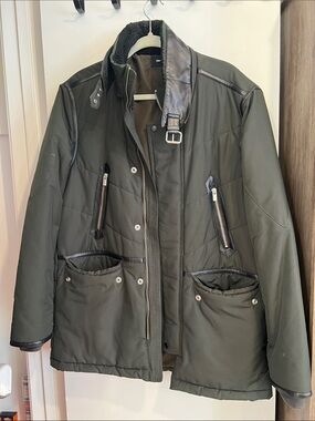 The Kooples Olive Green Quilted Field Jacket with Leather Trim